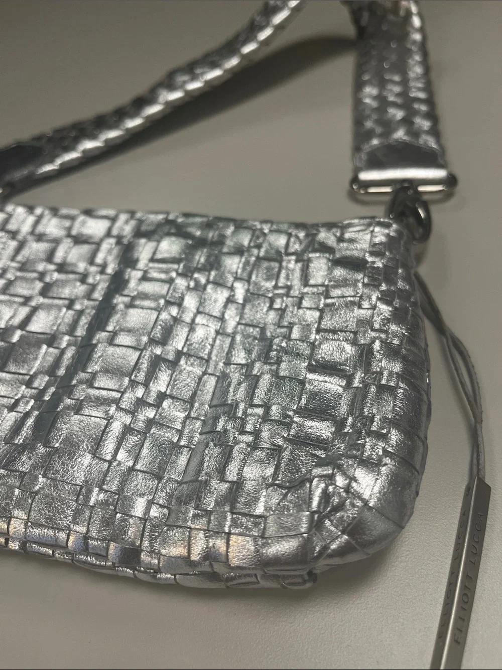 Elliott Lucca Silver Woven Metallic Clutch wTassel Removable Strap